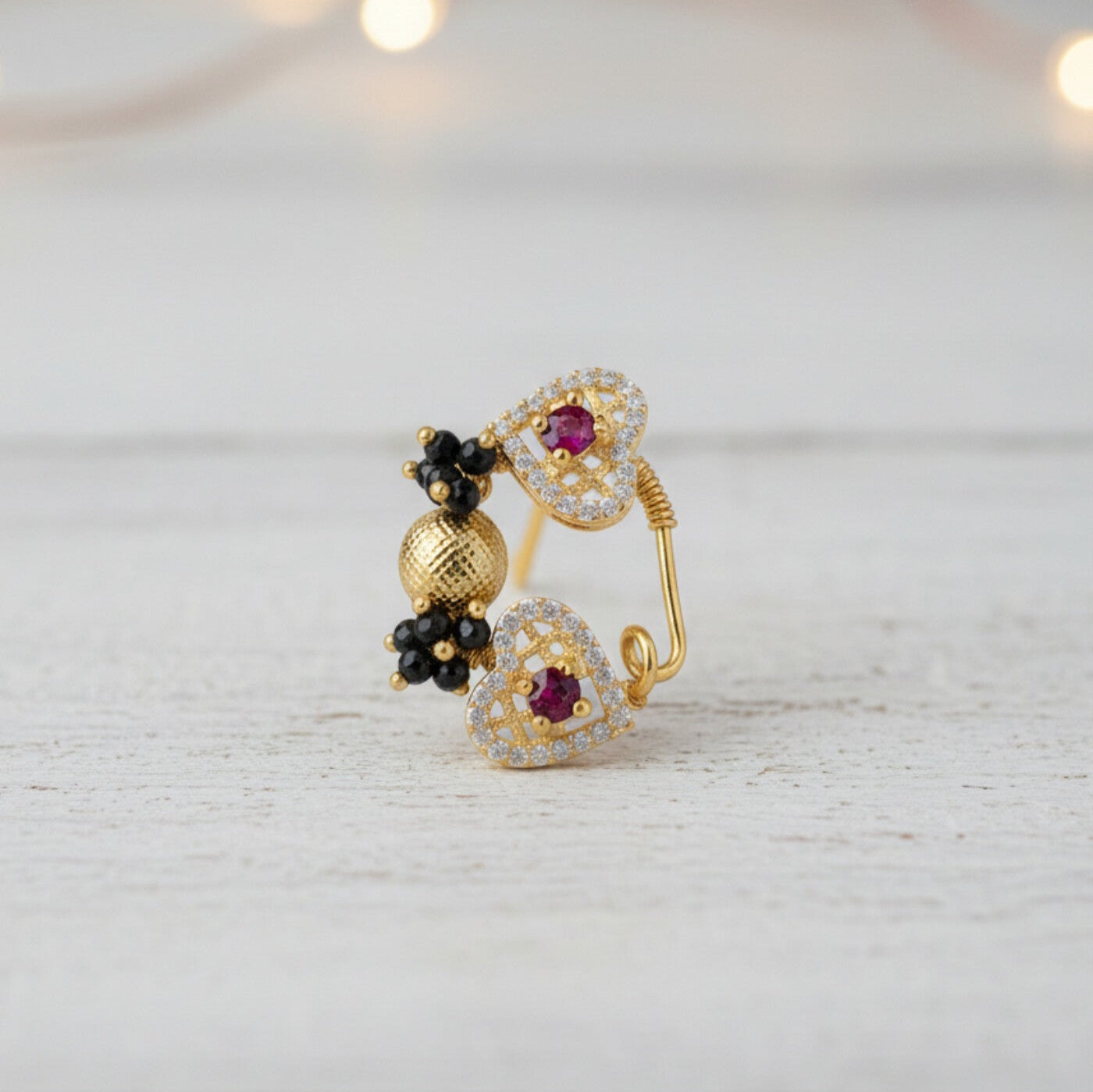 Traditional Maharashtrian Pearl & Ruby Nath - Bridal Gold-Plated Nose Ring (baky) Press Nath