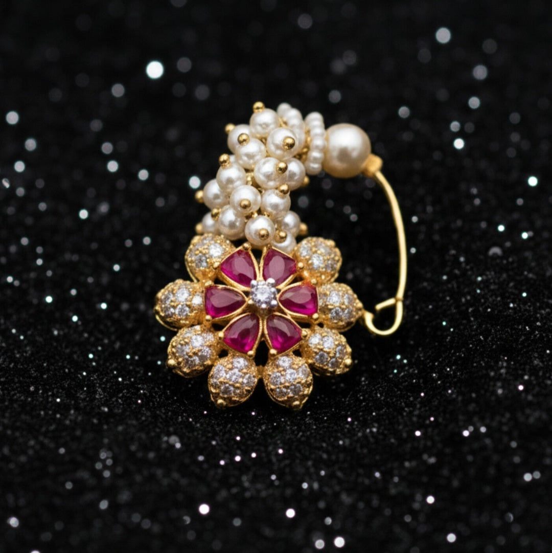 Traditional Maharashtrian Pearl & Ruby Nath – Bridal Gold-Plated Nose Ring. (awey) Press Nath