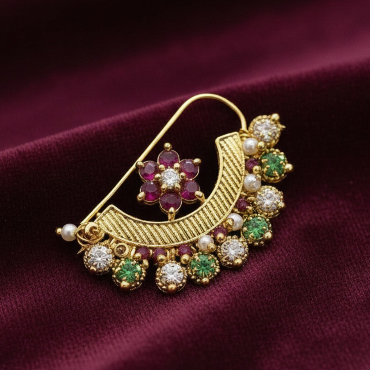 Traditional Maharashtrian Pearl & Ruby Nath - Bridal Gold-Plated Nose Ring (aiky) (Taar Nath )