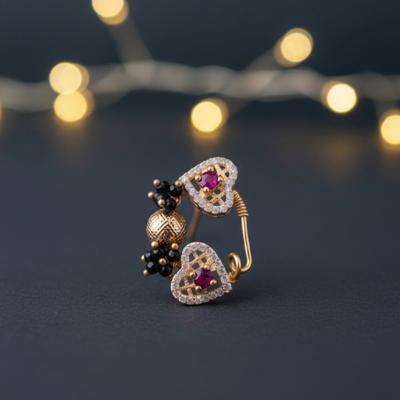 Traditional Maharashtrian Pearl & Ruby Nath - Bridal Gold-Plated Nose Ring (baky) Press Nath